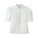 Fashion Slim-Fit Stand Collar Puff Sleeve Cropped Shirt Top