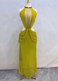 Bohemian Halter Beaded Cutout Drawstring Ruched Slim-Fit Beach Vacation Maxi Dress