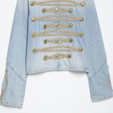 Round-Neck Button-Trim Denim Jacket