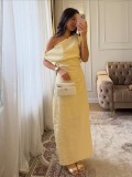 Breathable Linen One-Shoulder Waist-Cinching Slim-Fit Vacation Off-Shoulder Maxi Dress