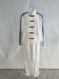 Lace Three-Stripe Stand Collar Frog Button Loose Sun-Protection Sports Two-Piece Set