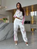 Lace Three-Stripe Stand Collar Frog Button Loose Sun-Protection Sports Two-Piece Set