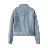Street Biker Washed Stand-Collar Denim Cropped Jacket