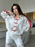 Lace Three-Stripe Stand Collar Frog Button Loose Sun-Protection Sports Two-Piece Set