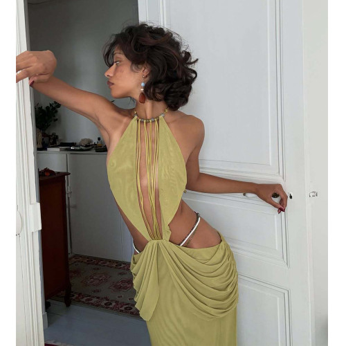 Bohemian Halter Beaded Cutout Drawstring Ruched Slim-Fit Beach Vacation Maxi Dress