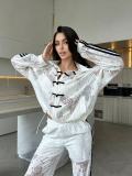 Lace Three-Stripe Stand Collar Frog Button Loose Sun-Protection Sports Two-Piece Set
