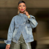 Street Biker Washed Stand-Collar Denim Cropped Jacket