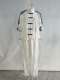Lace Three-Stripe Stand Collar Frog Button Loose Sun-Protection Sports Two-Piece Set