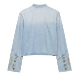 Round-Neck Button-Trim Denim Jacket