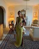 Bohemian Halter Beaded Cutout Drawstring Ruched Slim-Fit Beach Vacation Maxi Dress