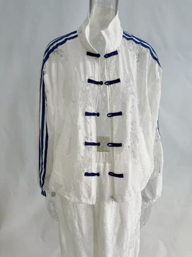 Lace Three-Stripe Stand Collar Frog Button Loose Sun-Protection Sports Two-Piece Set