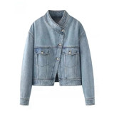 Street Biker Washed Stand-Collar Denim Cropped Jacket