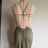 Metal Halter Deep V Side Cutout Ruched Slim-Fit Sexy Beach Evening Maxi Dress