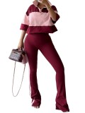 Color-Block Polo Collar Button Half-Sleeve Striped Flared Pants Two-Piece Set for Women