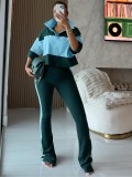 Color-Block Polo Collar Button Half-Sleeve Striped Flared Pants Two-Piece Set for Women