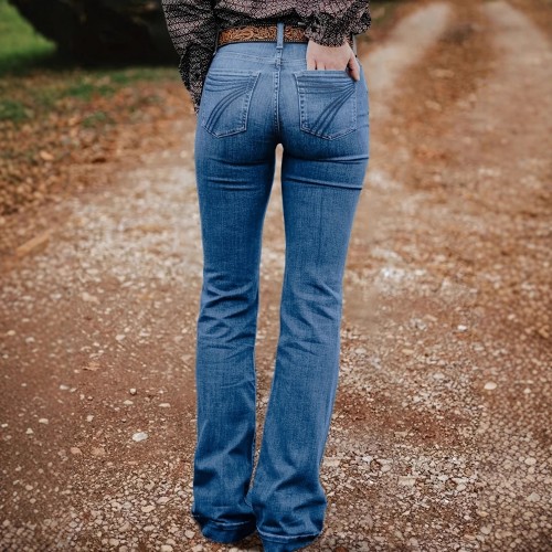 Women’s Stretch Denim Embroidered Slim-Fit Flared Long Pants