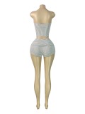 Vertical Stripe Tube Top Fold-Over Waist Tight Shorts Two-Piece Set for Women