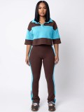 Color-Block Polo Collar Button Half-Sleeve Striped Flared Pants Two-Piece Set for Women