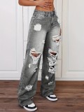 Distressed Washed High-Waist Straight-Leg Loose Women’s Jeans