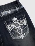 Dark Wash Embroidery Rhinestone Flared Jeans