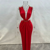 Metal Halter Deep V Side Cutout Ruched Slim-Fit Sexy Beach Evening Maxi Dress