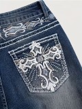 Dark Wash Embroidery Rhinestone Flared Jeans