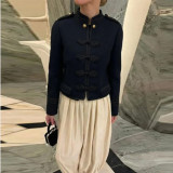 Round Neck Long Sleeve Retro Frog Button Simple Cropped Blazer Jacket for Women