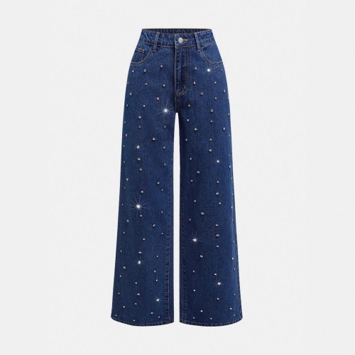 Rhinestone-Studded Loose Straight-Leg Draped Fashion Denim Pants