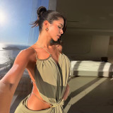 Metal Halter Deep V Side Cutout Ruched Slim-Fit Sexy Beach Evening Maxi Dress
