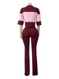 Color-Block Polo Collar Button Half-Sleeve Striped Flared Pants Two-Piece Set for Women