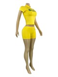 Letter Print Half-Zip Short Sleeve Top and Tight Shorts Two-Piece Set for Women
