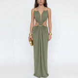Metal Halter Deep V Side Cutout Ruched Slim-Fit Sexy Beach Evening Maxi Dress