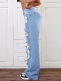 Distressed Washed High-Waist Straight-Leg Loose Women’s Jeans