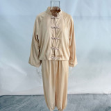 Chinese-Inspired Frog Button Satin Two-Piece Set with Draped Wide-Leg Pants