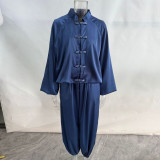 Chinese-Inspired Frog Button Satin Two-Piece Set with Draped Wide-Leg Pants