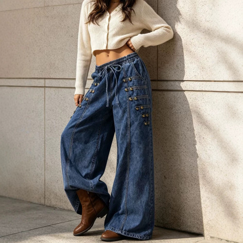 High-Waist Wide-Leg Denim Pants with Washed Metal Buckle and Drawstring Elastic Waist