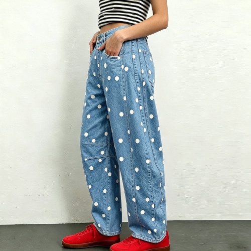 Polka Dot Women’s Loose Curved-Leg Low-Rise Full-Length Jeans