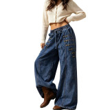 High-Waist Wide-Leg Denim Pants with Washed Metal Buckle and Drawstring Elastic Waist
