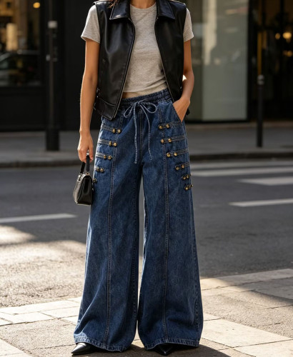 High-Waist Wide-Leg Denim Pants with Washed Metal Buckle and Drawstring Elastic Waist