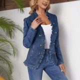 Dark Blue Ruffle Hem Denim Jacket for Women