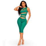 Washed Distressed Ribbed Cutout Sleeveless Zip-Up Slim-Fit Cropped Jumpsuit