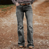 Women’s Stretch Denim Embroidered Slim-Fit Flared Long Pants