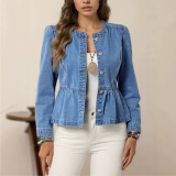 Casual Round Neck Puff Sleeve Denim Jacket