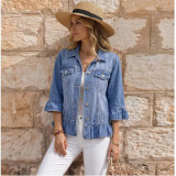 Ruffle Hem Cropped Denim Jacket for Women