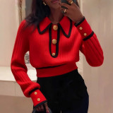 Women’s Red Contrast Color Polo Collar Knit Sweater Top
