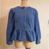 Casual Round Neck Puff Sleeve Denim Jacket