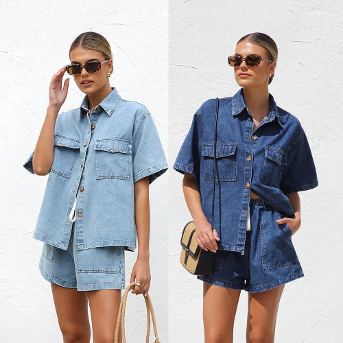 Women’s Casual Loose Pocket Short Sleeve Shirt Denim Two Piece Set