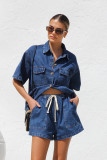 Women’s Casual Loose Pocket Short Sleeve Shirt Denim Two Piece Set
