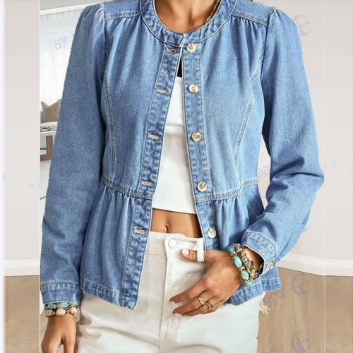 Casual Round Neck Puff Sleeve Denim Jacket