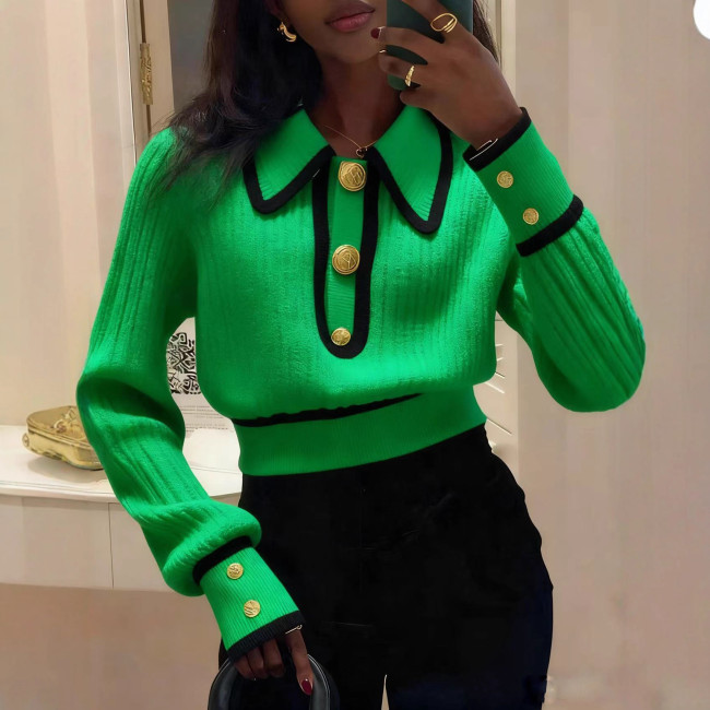 Women’s Red Contrast Color Polo Collar Knit Sweater Top